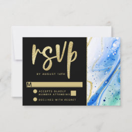 Inky Splash Blauw Marmer met Gouden folie Bruiloft RSVP Kaartje