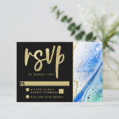 Inky Splash Blauw Marmer met Gouden folie Bruiloft RSVP Kaartje (Staand voorkant)