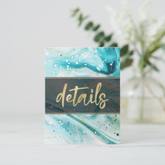 Inky Splash Blauwgroen marmer en goudfolie Details Informatiekaartje (Staand voorkant)