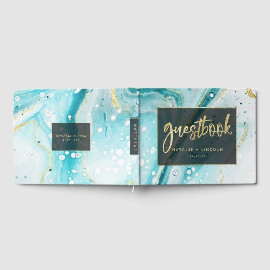 Inky Splash Blauwgroen marmer met Gold foil Weddin Gastenboek (Volledig)