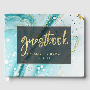 Inky Splash Blauwgroen marmer met Gold foil Weddin Gastenboek