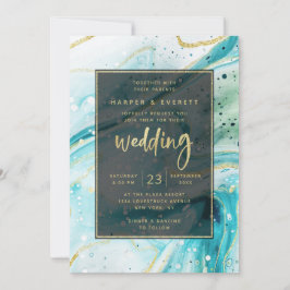 Inky Splash Blauwgroen marmer met Gold foil Weddin Kaart