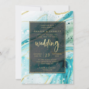 Inky Splash Blauwgroen marmer met Gold foil Weddin Kaart