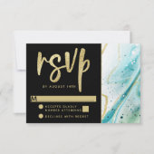 Inky Splash Blauwgroen marmer met Gold foil Weddin RSVP Kaartje (Voorkant)