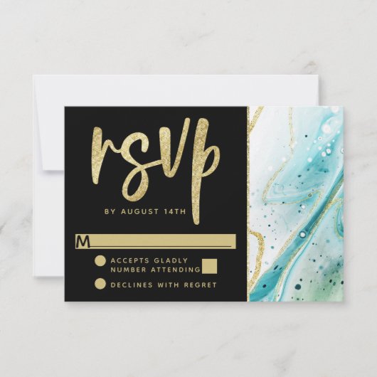 Inky Splash Blauwgroen marmer met Gold foil Weddin RSVP Kaartje (Voorkant)