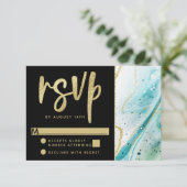 Inky Splash Blauwgroen marmer met Gold foil Weddin RSVP Kaartje (Staand voorkant)