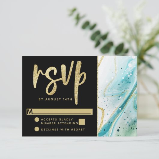 Inky Splash Blauwgroen marmer met Gold foil Weddin RSVP Kaartje (Staand voorkant)