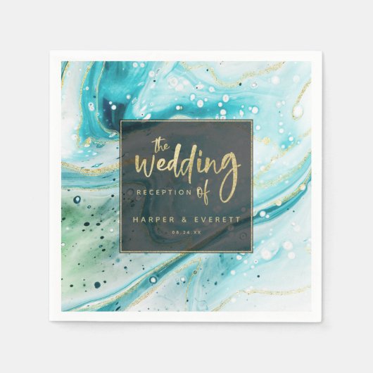 Inky Splash Blauwgroen marmer met Gold foil Weddin Servet (Voorkant)