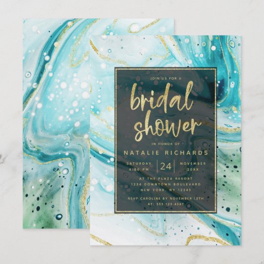 Inky Splash Blauwgroen Marmer met Goud Vrijgezelle Kaart (Voorkant / Achterkant)