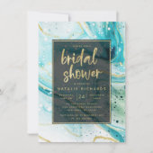 Inky Splash Blauwgroen Marmer met Goud Vrijgezelle Kaart (Voorkant)