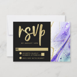 Inky Splash Paarse marmer met goudfolie bruiloft RSVP Kaartje
