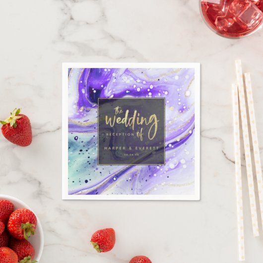 Inky Splash Paarse marmer met goudfolie bruiloft Servet (Insitu)