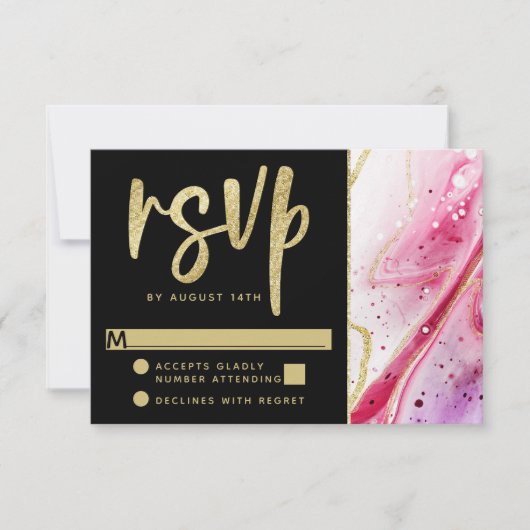 Inky Splash Red Marble met Gold foil Wedding RSVP Kaartje (Voorkant)