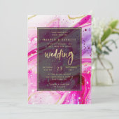 Inky Splash Roze Marmer met Gouden folie Bruiloft Kaart (Staand voorkant)