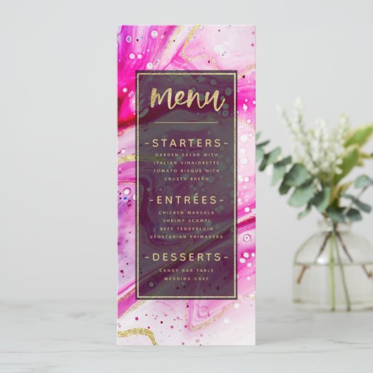 Inky Splash Roze Marmer met Gouden folie Diner Menu (Staand voorkant)