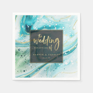 Inky Splash Teal Marmer met Gouden Folie Bruiloft Servet