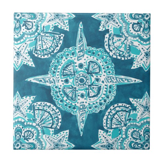 INNER MERMAID COMPASS Aqua Beach Shell Moroccan Tegeltje (Voorkant)