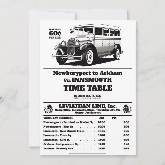 Innsmouth Bus Schedule Joe Sargent Kaart (Voorkant)