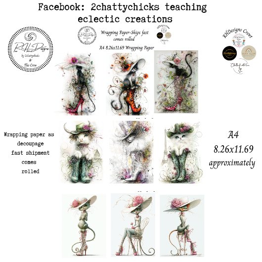 Inpakpapier 9 A4 Ontwerpen Whimsical Cats Deco Vel