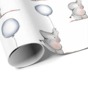 Inpakpapier - Baby olifanten met een ballon