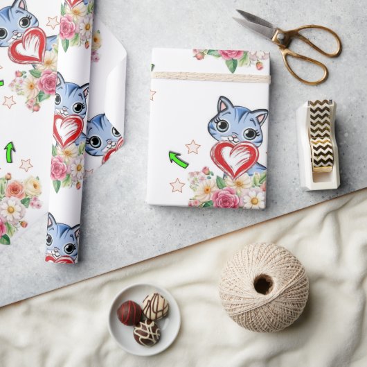 Inpakpapier Blauwe Kat Rode Hart Bloem (Crafts)