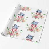 Inpakpapier Blauwe Kat Rode Hart Bloem (Uitgerold)