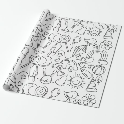 Inpakpapier Cute Kleurplaat Doodles Kinderen Kleur (Uitgerold)