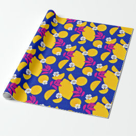 Inpakpapier met pittige citroenen en roze bladeren