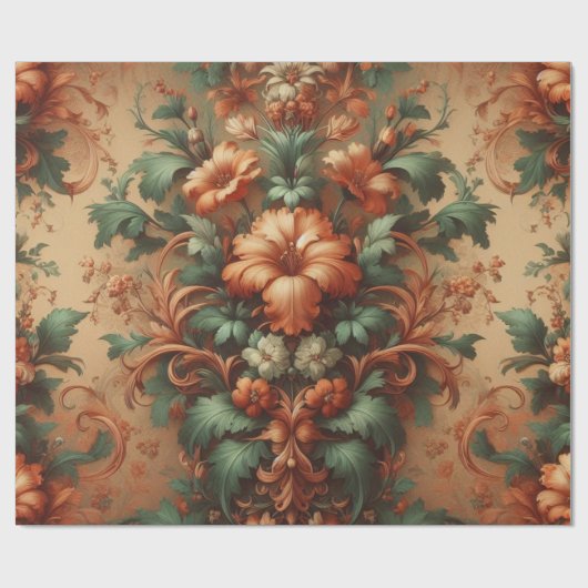 Inpakpapier - Oranje crème Mos Groene Bloemen (Vlak)