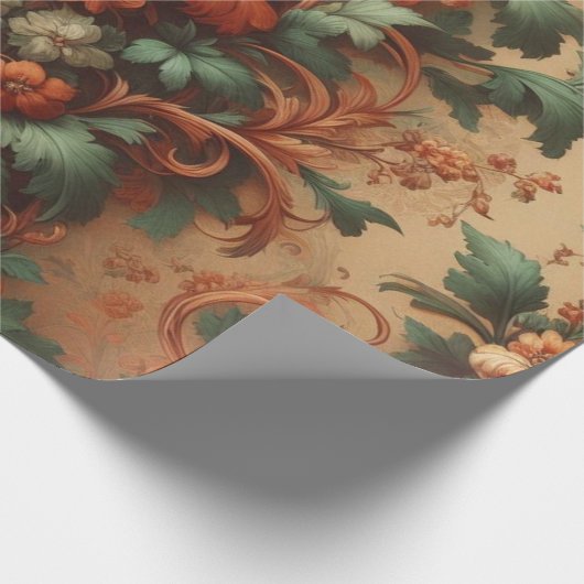 Inpakpapier - Oranje crème Mos Groene Bloemen (Hoek)