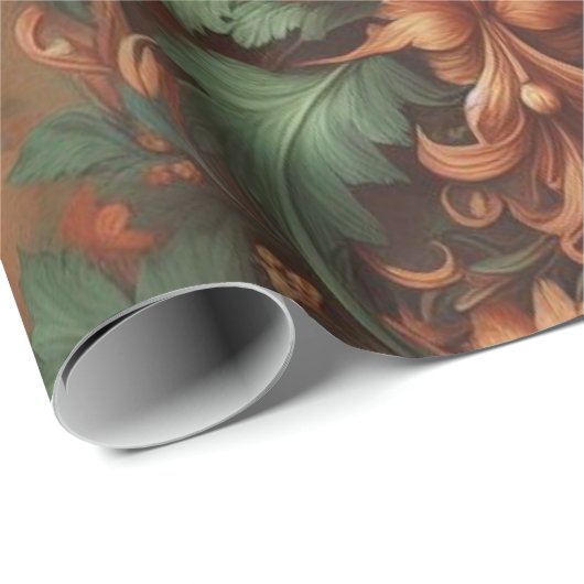 Inpakpapier - Oranje crème Mos Groene Bloemen (Rol Hoek)