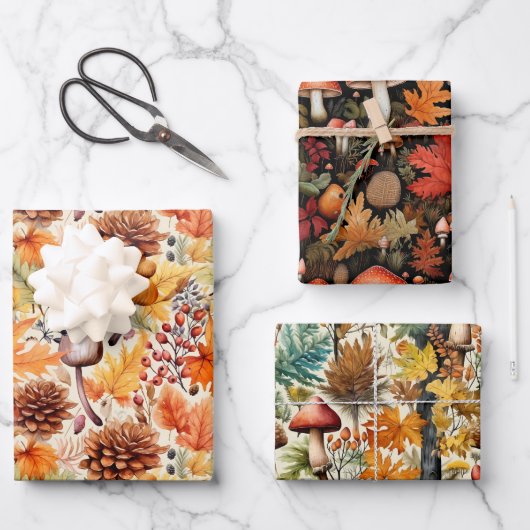 Inpakpapier plat vel set van 3 wilde paddenstoelen (Voorkant)