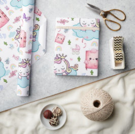 Inpakpapier Roze Blauwe Baby Eenhoorn Kat Regenboo