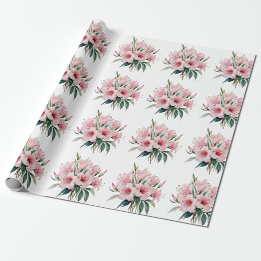 Inpakpapier - Roze bloemen, witte achtergrond (Uitgerold)