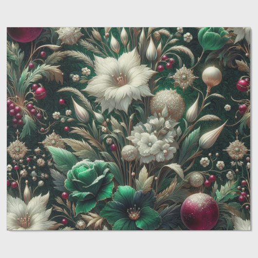 Inpakpapier - Roze en Groene Kerst Bloemen (Vlak)