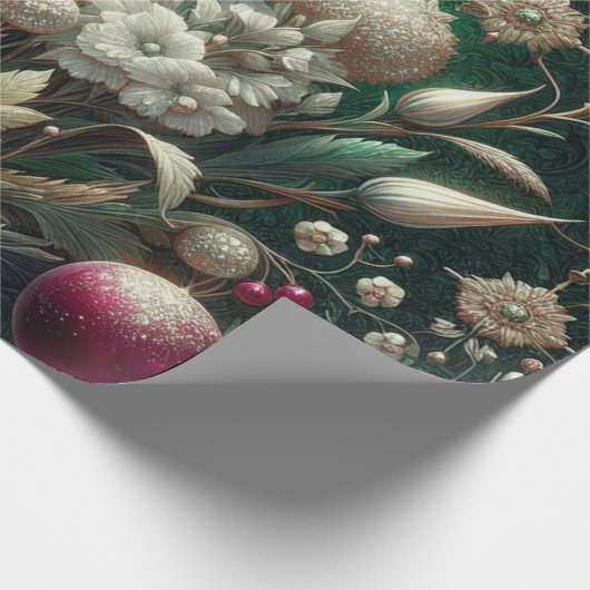 Inpakpapier - Roze en Groene Kerst Bloemen (Hoek)