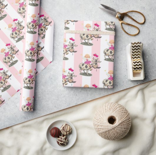 Inpakpapier Roze & Witte Streep Fairy Cow (Crafts)