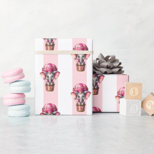 Inpakpapier Roze & Witte Streep Olifant (Baby Shower)