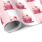Inpakpapier Roze & Witte Streep Roze Cupcakes (Rol Hoek)