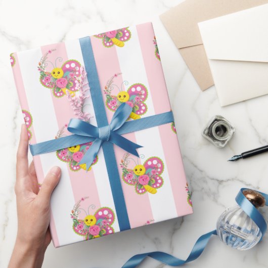 Inpakpapier Roze & Witte Streep Vlinder  (Geschenken)