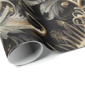 Inpakpapier - zwart, wit, gouden bloemen (Rol Hoek)