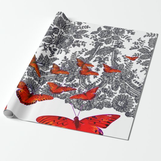 INPAKPAPIER ZWART-WIT RODE VLINDERS (Uitgerold)