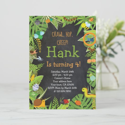 Insect Insect Uitnodiging, Chalkboard Kaart (Staand voorkant)