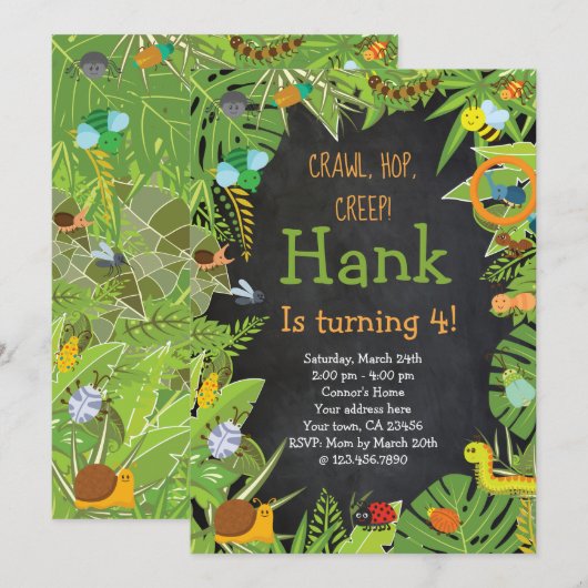 Insect Insect Uitnodiging, Chalkboard Kaart (Voorkant / Achterkant)
