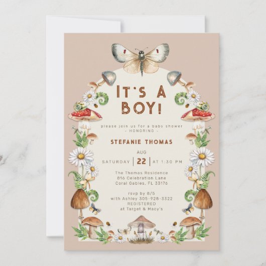 Insecten en paddenstoel Baby shower uitnodiging |  (Voorkant)