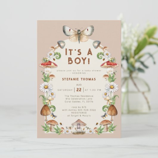 Insecten en paddenstoel Baby shower uitnodiging |  (Staand voorkant)