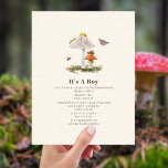 Insects Mushroom Woodland Nature Boy Baby Shower Kaart<br><div class="desc">Nature storybook page inspired baby shower invitation featuring illustration of two mushrooms surrounded by moth,  bee,  grasshopper,  and snail.</div>