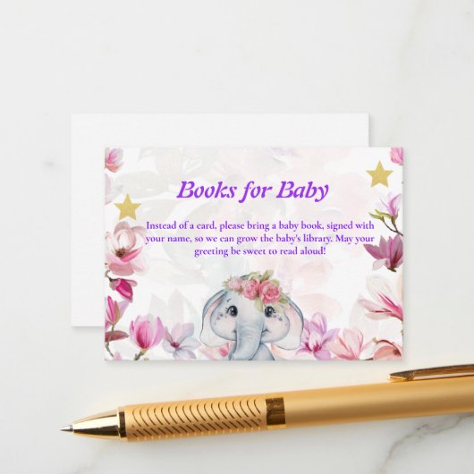 Insert Card Books for Baby Elephant Floral. Informatiekaartje (Voorkant / Achterkant in situ)