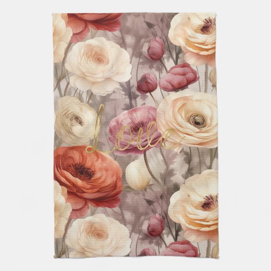 Inspirational gold love burgundy cream floral theedoek (Verticaal)