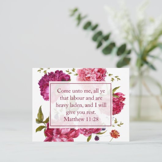Inspirational Matthew 11:28 Pink Floral Briefkaart (Staand voorkant)